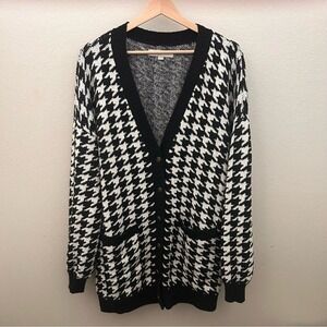 LOFT Black and‎ White Houndstooth Oversized Knit Cardigan Medium